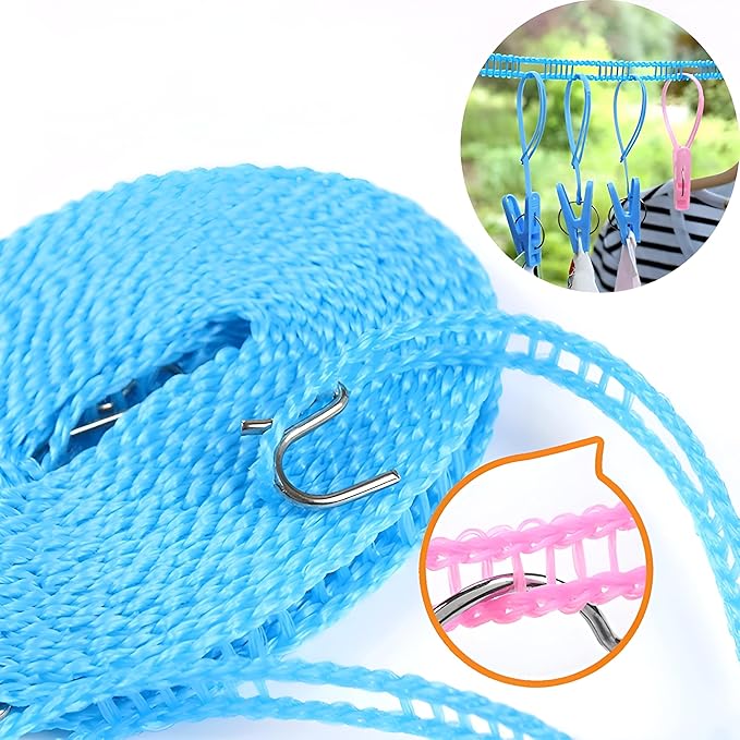 Homeguru Cloth Line Windproof Anti-Slip Clothes Drying Nylon Rope with Hooks