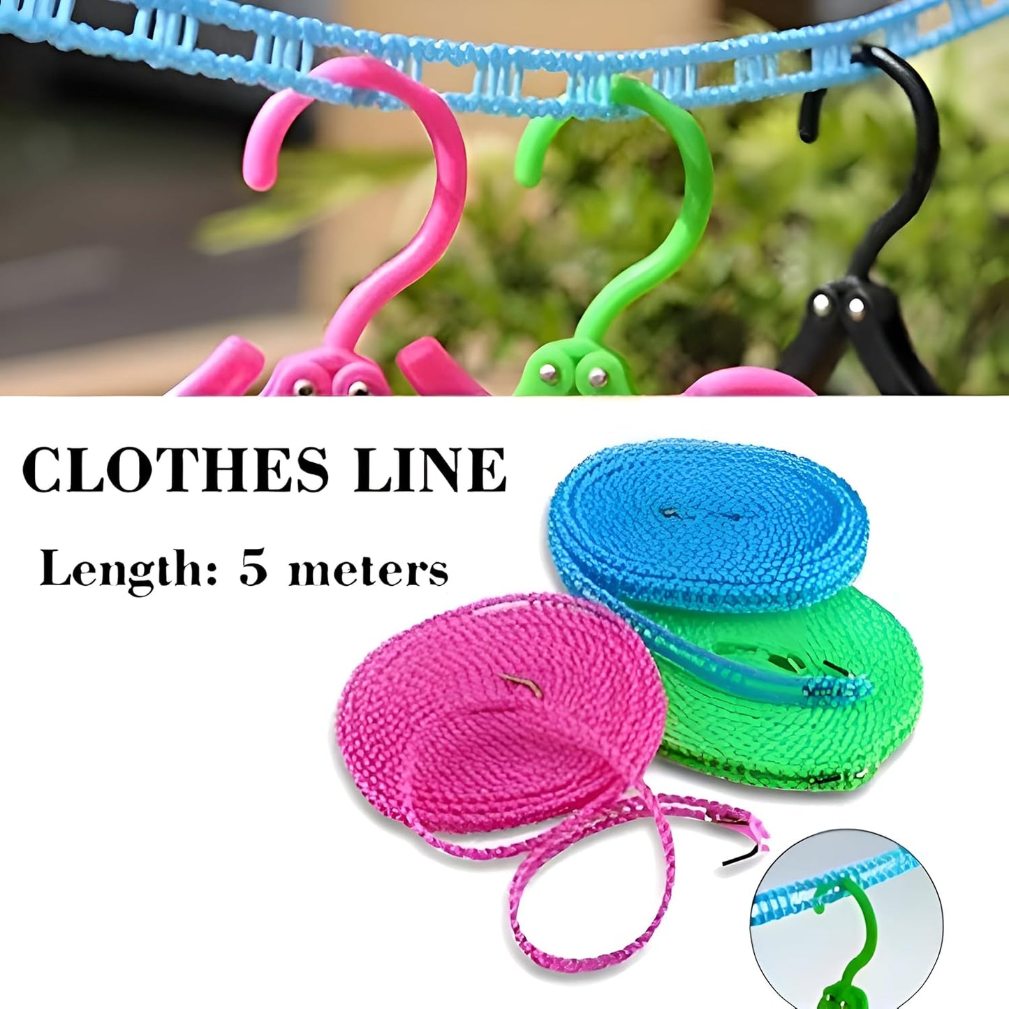 Homeguru Cloth Line Windproof Anti-Slip Clothes Drying Nylon Rope with Hooks