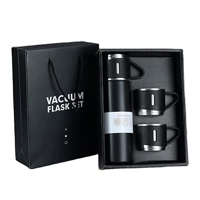 Steel Vacuum Flask Set with 3 Steel Cups Combo