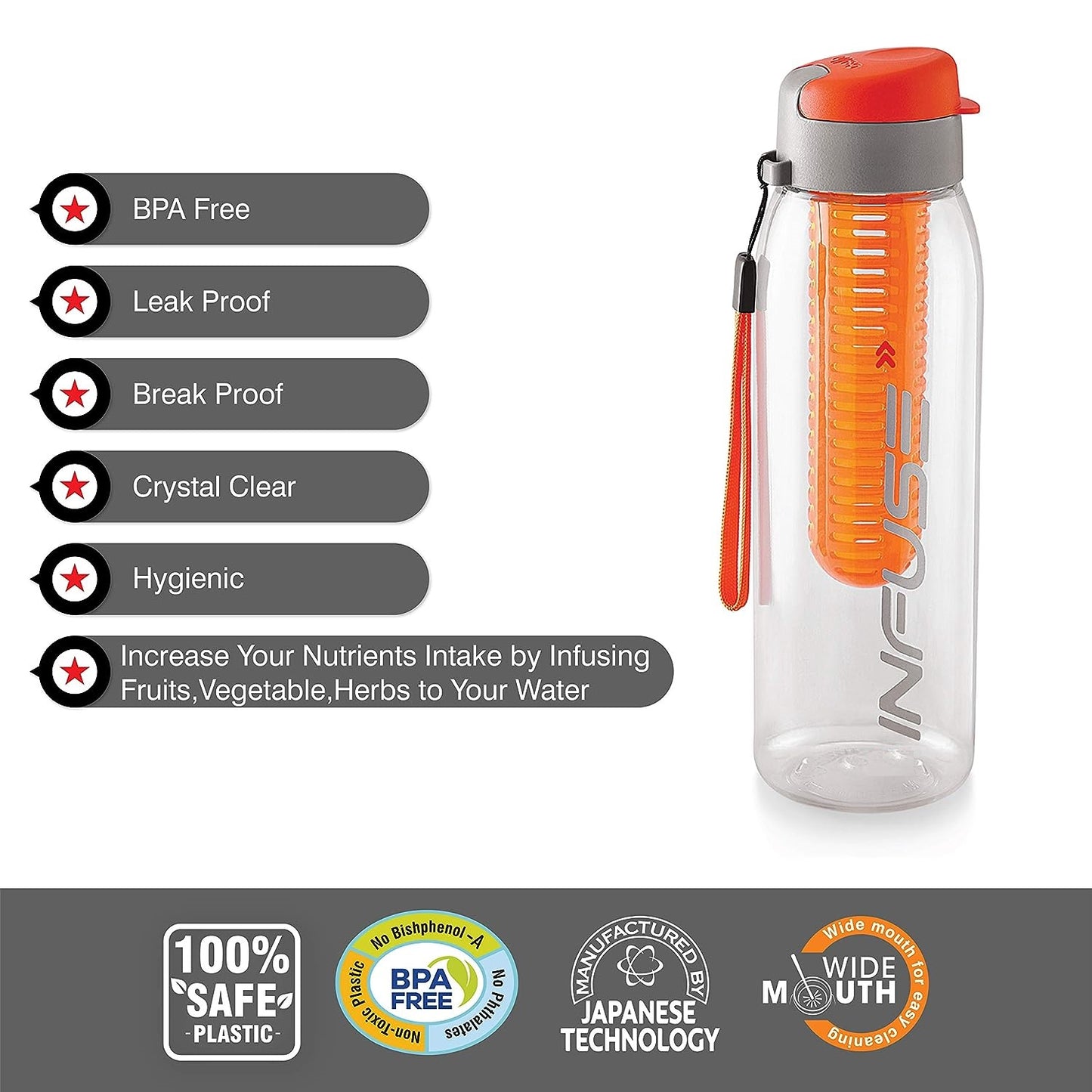 Infuse Plastic Water Bottle, 800 ml, Yellow/Orange,| Bottle with Infuser Chamber | Leakproof Plastic Bottle with Wide Mouth Opening | Ideal for Gym, Office, Travel