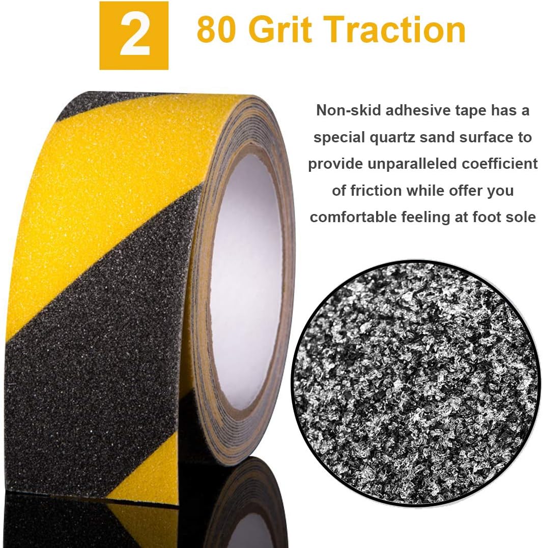 Anti Slip Safety Floor Tape, Heavy Duty Waterproof Grip Tape for Outdoor Stairs Steps Skateboards, Non Slip Tape Caution Black and Yellow 2 Inch