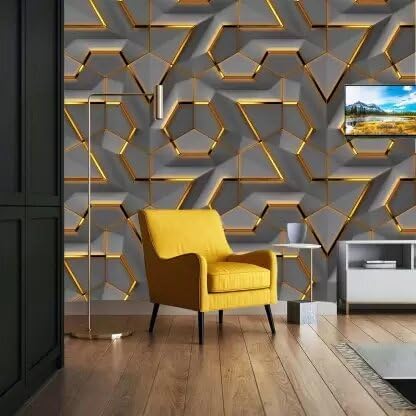 Homeguru PVC Self-Adhesive Wallpaper DIY Wall Stickers Wallpaper Decals, Living Room,Furniture Decoration,Shop,Interior,Sofa Background Decal (45 x 500 cm) (Dark Gold Geometric Wallpaper)