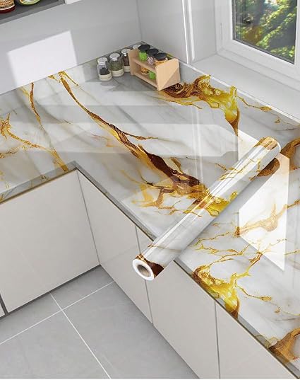 Homeguru Premium Wall Stickers DIY Wallpaper Vinyl Marble Peel and Stick Waterproof Wallpaper for Home Kitchen Countertop Cabinet Furniture Oil Proof Kitchen Stickers(60x200cm) (Gold White)