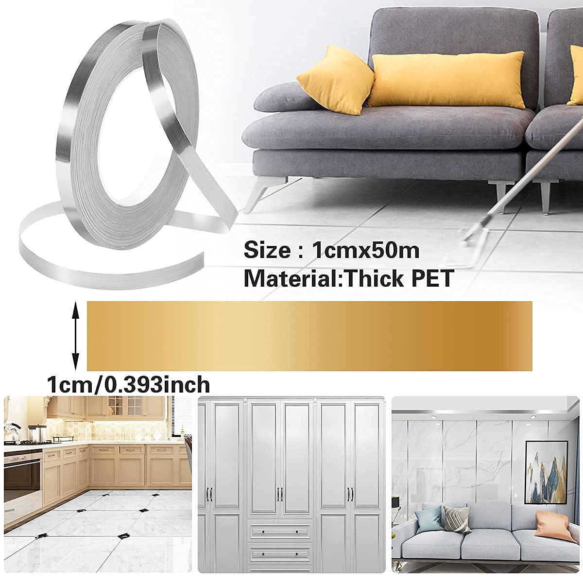Homeguru Silver Decorative Tape , For Floor, Wall, Metal(1CM x 50METER)