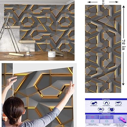 3D Black Gold Wall Sticker & PVC Self-Adhesive DIY Wallpaper (45 x 500 cm) (Dark Gold Geometric)