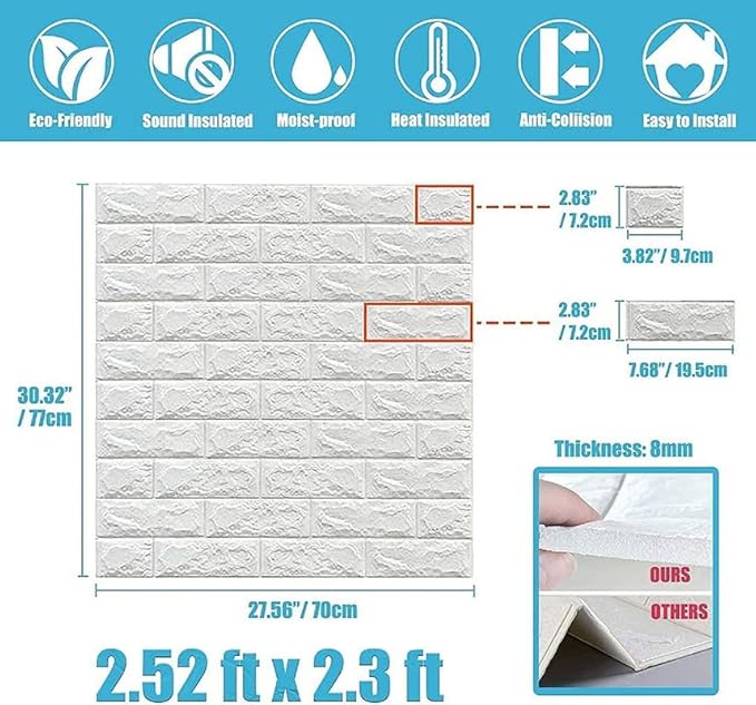 3D White Brick Texture Wallpaper (70x77 Cm)