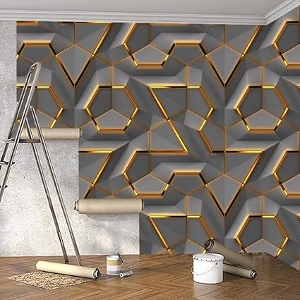 Homeguru PVC Self-Adhesive Wallpaper DIY Wall Stickers Wallpaper Decals, Living Room,Furniture Decoration,Shop,Interior,Sofa Background Decal (45 x 500 cm) (Dark Gold Geometric Wallpaper)