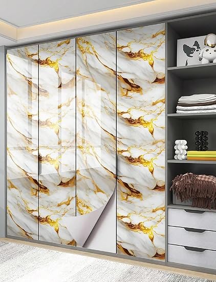 Homeguru Premium Wall Stickers DIY Wallpaper Vinyl Marble Peel and Stick Waterproof Wallpaper for Home Kitchen Countertop Cabinet Furniture Oil Proof Kitchen Stickers(60x200cm) (Gold White)