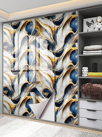 Homeguru Marble Wallpaper Peel and Stick Waterproof Wallpaper for Home Kitchen Countertop Cabinet Furniture Oil Proof Kitchen Stickers (60X200) (JSK- New Blue Gold)